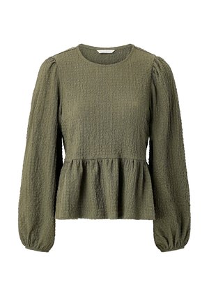 Olivengrøn, struktureret bluse med lange ærmer, rund halsudskæring, puffede ærmer, indsnævret talje og peplumkant.