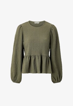 Olivengrøn, struktureret bluse med lange ærmer, rund halsudskæring, puffede ærmer, indsnævret talje og peplumkant.