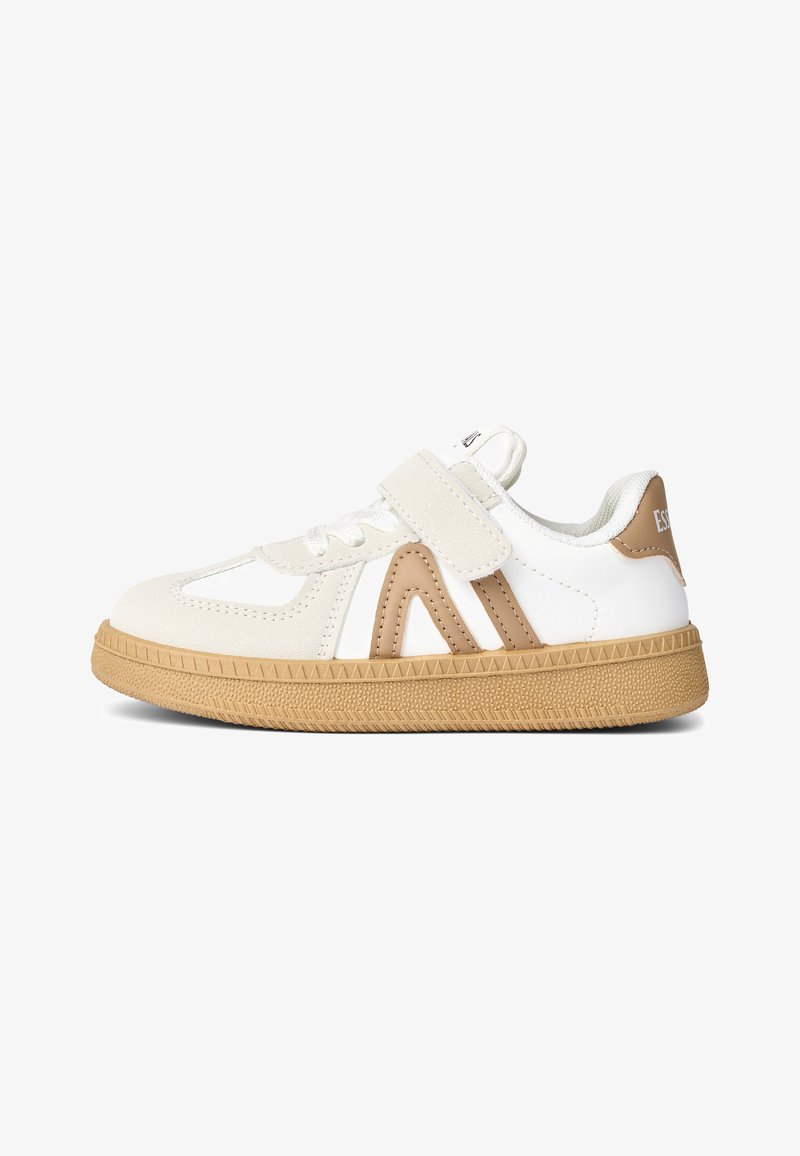 White sneaker with a beige accent, featuring a textile and synthetic upper, round toe, lace and Velcro closure, and textured rubber sole.