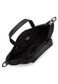 Borsa tote nera realizzata con una combinazione di materiali in pelle e tessuto, dotata di chiusura con zip, interno foderato in tessuto e manici robusti.