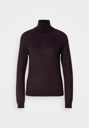 Dark purple turtleneck sweater with long sleeves, ribbed cuffs, and a soft texture; features raglan sleeves and a fitted design.