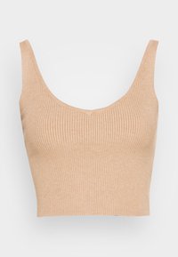 Beżowy prążkowany krótki top na ramiączkach z szerokimi paskami i okrągłym dekoltem. Wykonany z miękkiej, teksturowanej tkaniny.