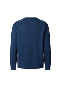 Námornícky modrý pletený sveter, okrúhly výstrih, dlhé rukávy, rebrované manžety a spodný lem, hladká textúra, bez viditeľných vzorov alebo akcentov na zadnej strane.