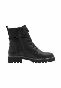 Bottes de cheville en cuir noir avec un laçage à l'avant, une fermeture éclair sur le côté, une finition texturée, une semelle épaisse et des coutures blanches contrastantes.