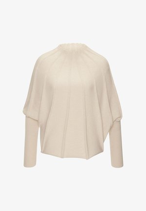 Knitted sweater in light beige with a high, ribbed neckline. Features wide sleeves and vertical ribbed texture throughout.