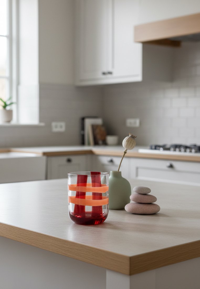 Czysty blat kuchenny z szklanką czerwonego płynu, małą zieloną wazą z suchym kwiatem oraz trzema ułożonymi na sobie gładkimi kamieniami.