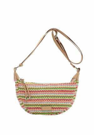 Umhängetasche mit mehrfarbigem Zickzack-Strickmuster, beigen Lederbesätzen, verstellbarem Riemen und geflochtenem Quastenreißverschluss.
