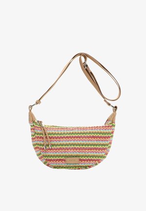 Umhängetasche mit mehrfarbigem Zickzack-Strickmuster, beigen Lederbesätzen, verstellbarem Riemen und geflochtenem Quastenreißverschluss.