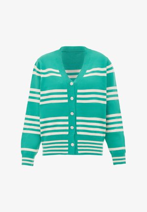 Törökzöld kardigán fehér vízszintes csíkokkal, V nyakkivágású, és hat díszgombos záródással, amelyek virágmintákkal díszítettek. Puha kötött anyag.