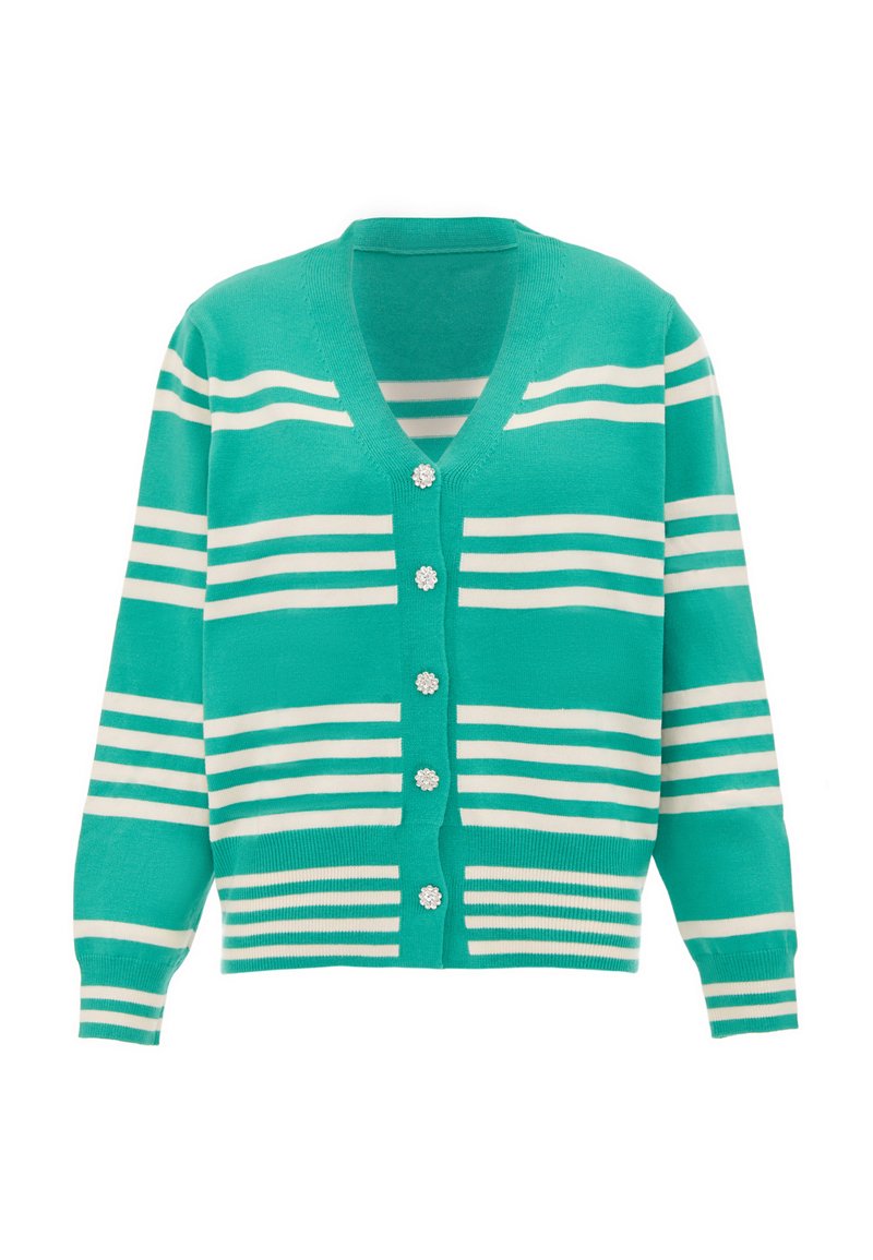 Cardigan turchese con righe orizzontali bianche, scollo a V e sei bottoni decorativi con design floreale. Materiale morbido a maglia.
