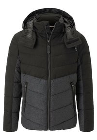 Černá a tmavě šedá zimní bunda s výplní a odnímatelnou kapucí, přední zip a boční kapsy na zip.