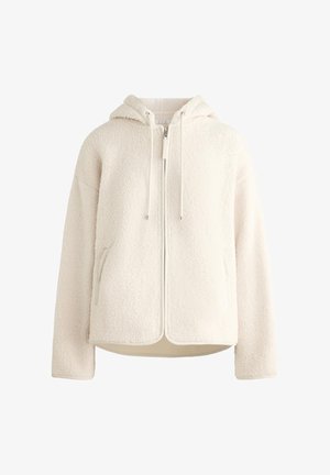 Weiße Fleece-Zip-Hoodie mit verstellbarem Kapuzenzug, seitlichen Taschen und strukturiertem Stoff. Besitzt einen lockeren Schnitt und glatte Fütterung.