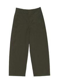 Pantaloni a gamba larga verde oliva realizzati in tessuto misto cotone, caratterizzati da una texture liscia e tasche frontali. Design minimalista senza hardware visibile.