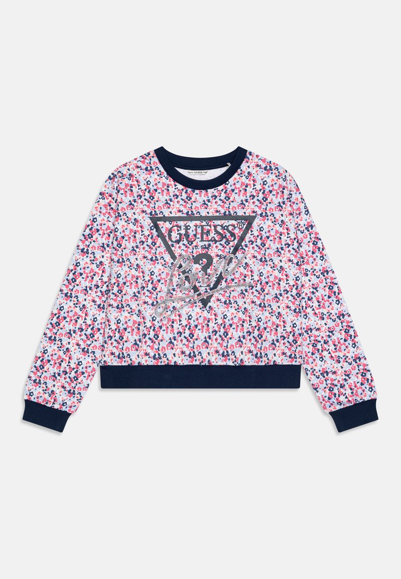 Sweat-shirt court blanc avec un motif floral multicolore, poignets et ourlet côtelés navy, présentant un logo central dans un graphique noir en forme de triangle.