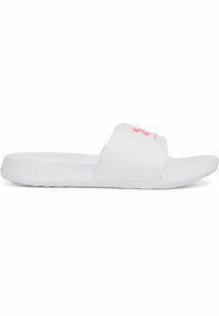 Hvide slidesandaler med et buet design. Har en glat øverste rem, pink logo på siden, og en struktureret sål for bedre greb.