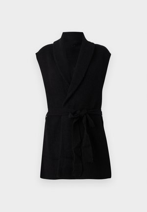 Black sleeveless robe made of textured fabric, featuring a shawl collar, belted waist, and open front.