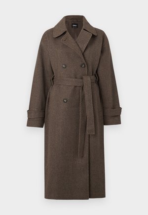 Brown herringbone-patterned coat with a double-breasted design, large collar, belted waist, and cuffed sleeves. Textured wool blend material.