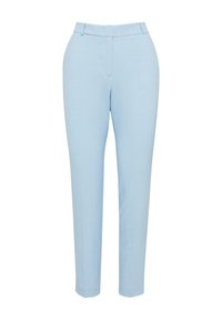 Pantalon bleu clair coupe droite ajusté avec passants pour ceinture et fermeture éclair à l'avant, présenté sur fond blanc.