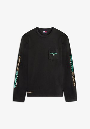 Czarna koszula z długim rękawem i kieszenią z przodu, z turkusowym napisem „Tommy” oraz napisami „Los Angeles” w stylu pisma na rękawach i kieszeni.