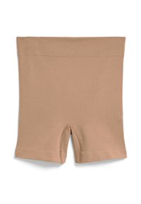 Shorts beiges côtelés avec une taille élastique douce et un design découpé à la base. Texture lisse et longueur mi-cuisse.