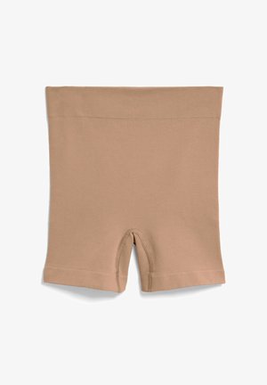 Beige geribbelde korte broek met een zachte elastische tailleband en een uitgesneden ontwerp aan de onderzijde. Soepele textuur en tot halverwege het bovenbeen.