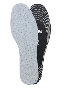 Insoles featuring a grey perforated top layer and a black base with size markings. Smooth texture, contoured shape for comfort.
