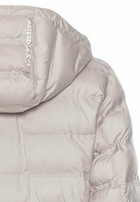 Lichtgrijze pufferjack met een capuchon, voorzien van gequiltte delen en een glanzende, gladde textuur. Inclusief logo gedrukt op de schouder.
