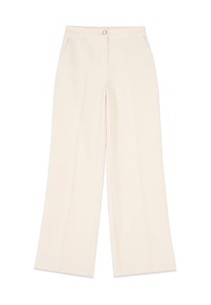 Kremfarvede bukser med vide ben, forlommer, knaplukning og en ren, glat finish.