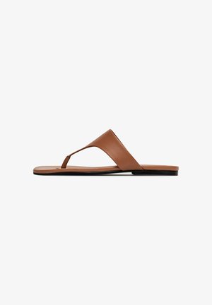 Brown leather flip-flop sandal featuring a wide strap across the foot, a narrow toe post, and a flat sole with a subtle black accent.