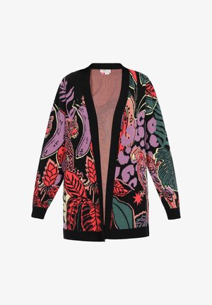Pletena jakna s crnim rubom koja prikazuje živahni cvjetni i životinjski uzorak u crvenim, ljubičastim, zelenim i žutim nijansama. Dizajn s otvorenim prednjim dijelom.