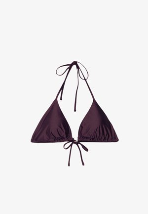 Dreiecksförmiges dunkelviolettes Bikinioberteil mit verstellbaren Neckholder- und Rückenschnüren auf weißem Hintergrund.