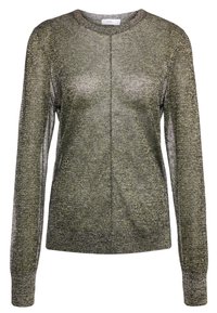 Pull en maille vert olive métallique avec des manches longues, un col rond et un ourlet et des poignets côtelés. Présente un léger éclat et une texture légère.