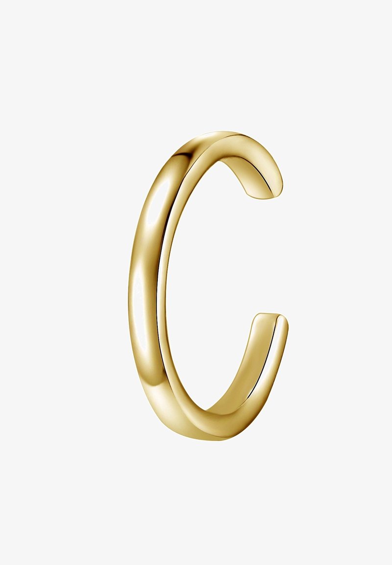 Zlati naramni prstan z gladko, polirano površino; ima odprto zasnovo s povešenimi konci, kar poudarja minimalizem.