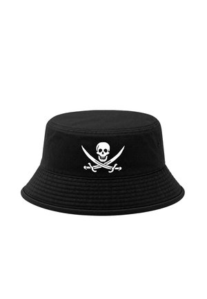 Black bucket hat with a white skull and crossed swords pirate emblem on the front against a plain white background.