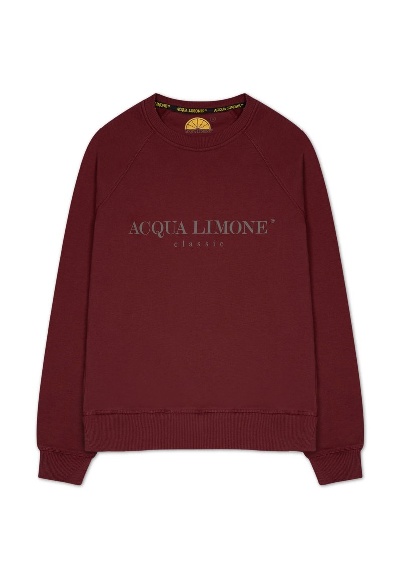 Mörkröd sweatshirt med raglanärmar, ribbade ärm- och nederkant, med ett tryckt logotyp "ACQUA LIMONE classic" i grått. Mjuk textur, avslappnad design.