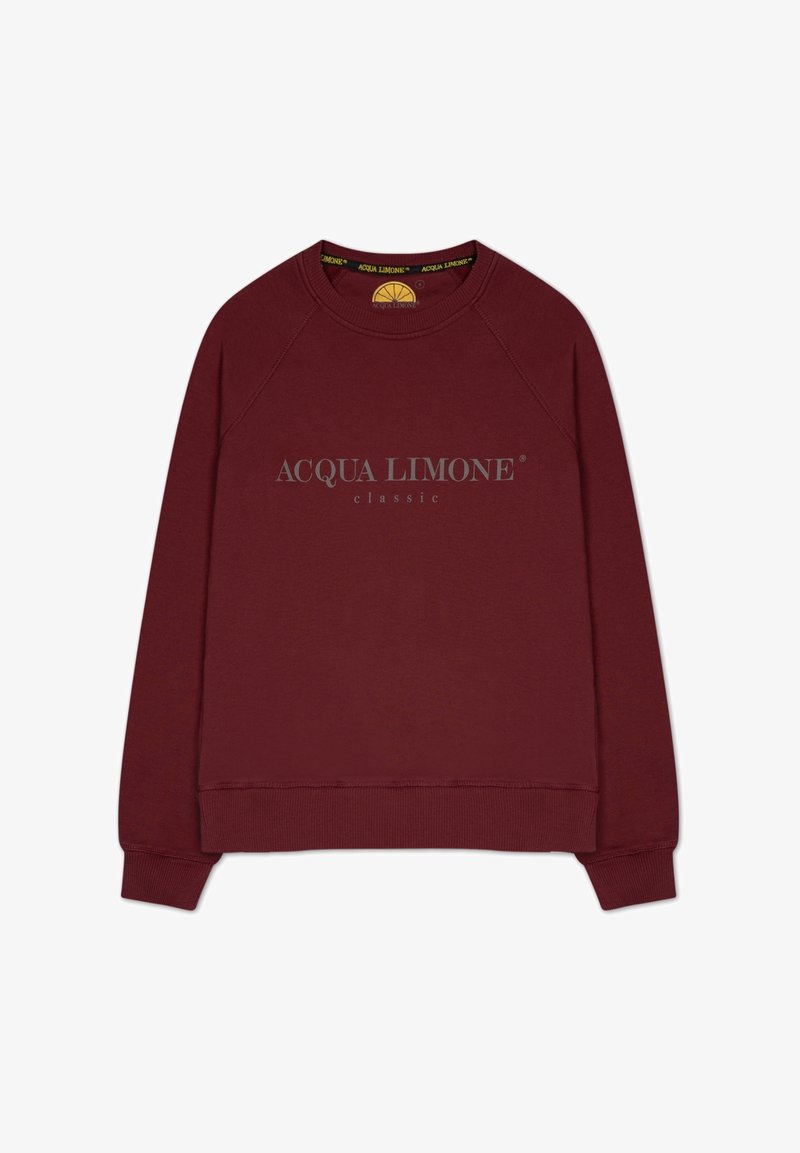 Mörkröd sweatshirt med raglanärmar, ribbade ärm- och nederkant, med ett tryckt logotyp "ACQUA LIMONE classic" i grått. Mjuk textur, avslappnad design.
