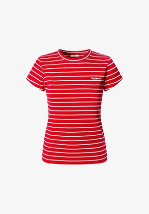 Röd och vit randig t-shirt med korta ärmar, rund halsringning och en liten logo på bröstet. Tillverkad av ribbat bomullstyg.