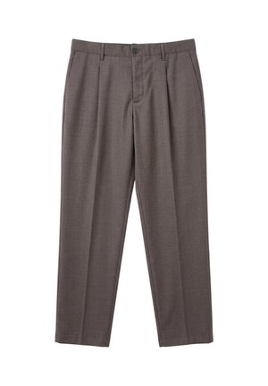 Pantaloni da uomo a gamba dritta grigi con pieghe frontali, tasche laterali, passanti per cintura, chiusura con bottone e cerniera.