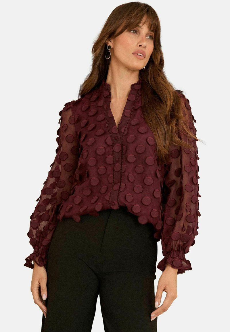 Blusa bordeaux con motivo a pois testurizzati, maniche trasparenti, chiusura frontale con bottoni e polsini arricciati, abbinata a pantaloni neri.