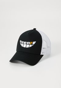 Black baseball cap with a curved visor, featuring a white mesh back. Front displays an embroidered graphic with "RECAP" in white and yellow.