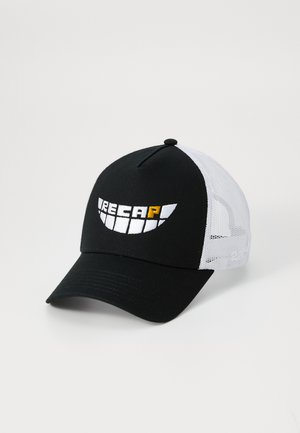 Black baseball cap with a curved visor, featuring a white mesh back. Front displays an embroidered graphic with "RECAP" in white and yellow.