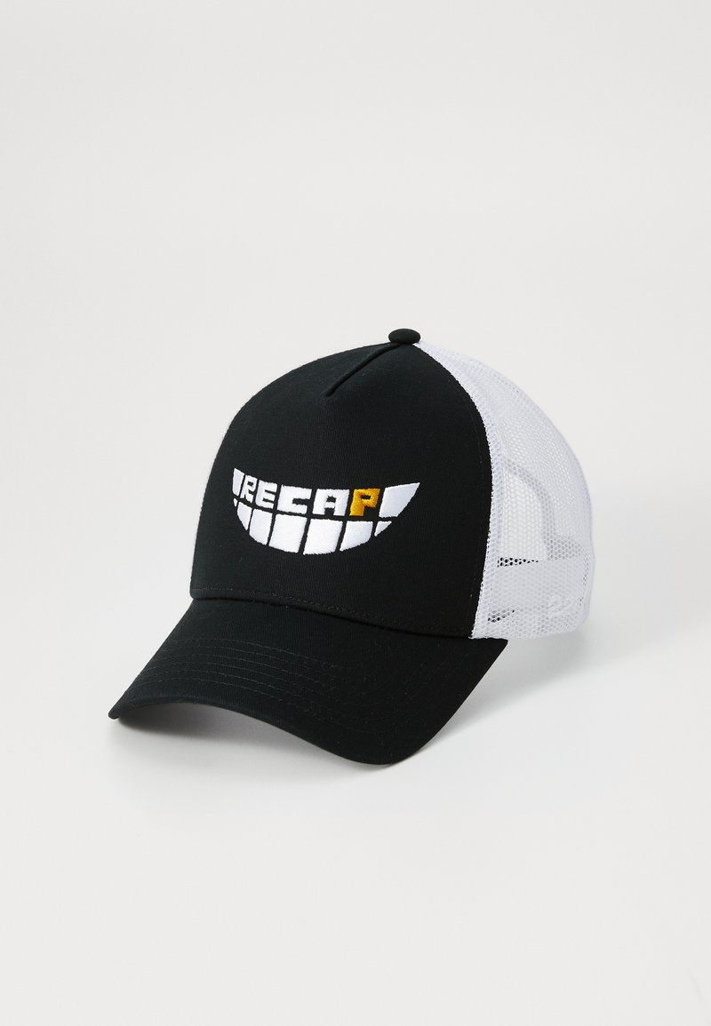 Black baseball cap with a curved visor, featuring a white mesh back. Front displays an embroidered graphic with "RECAP" in white and yellow.
