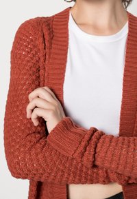 Cardigan all'uncinetto in rust con bordi a costine, apertura frontale e motivo testurizzato. Indossato sopra una t-shirt bianca, che mette in evidenza una vestibilità comoda.