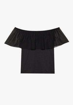 Haut noir décolleté avec une couche en tulle froncée au niveau du col, présentant un corsage ajusté et une texture lisse.