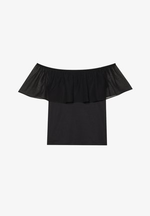 Zwarte off-shoulder top met een gerimpelde netlaag bij de halslijn, met een stevige, aansluitende lijfje en een soepele textuur.