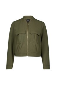 Gekürzte olivgrüne Jacke aus weichem Stoff, mit Reißverschluss vorne und zwei großen, vertikalen Taschen auf der Brust.