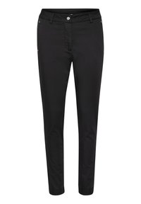 Pantalons en coton noir avec une coupe ajustée, dotés d'une fermeture éclair et d'un bouton à l'avant, de passants de ceinture et de deux poches latérales.