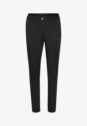 Pantaloni in cotone neri con un design aderente, dotati di zip e chiusura con bottone frontali, passanti per cintura e due tasche laterali.