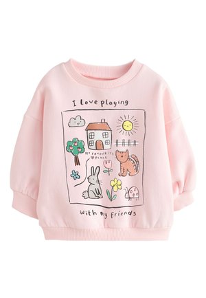 Hanorac roz pentru copii cu desene jucăușe ale unei case, soare, copac, iepure, pisică, flori, buburuză și textul „Îmi place să mă joc cu prietenii mei.”