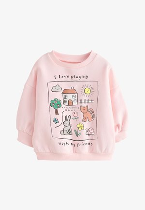 Sudadera infantil rosa con dibujos divertidos de una casa, sol, árbol, conejo, gato, flores, mariquita y el texto "Me encanta jugar con mis amigos."
